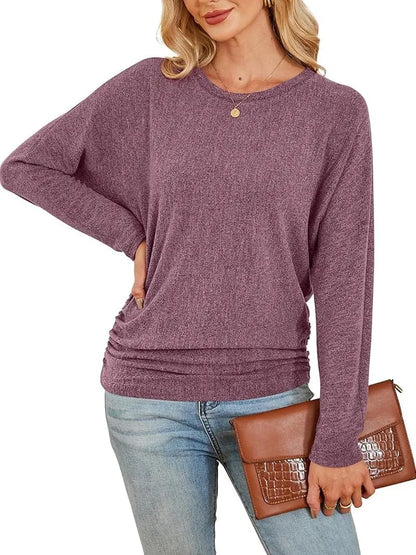 Womens Long Sleeve Shirts Ruched Hem Fall Tops Lightweight Sweaters
