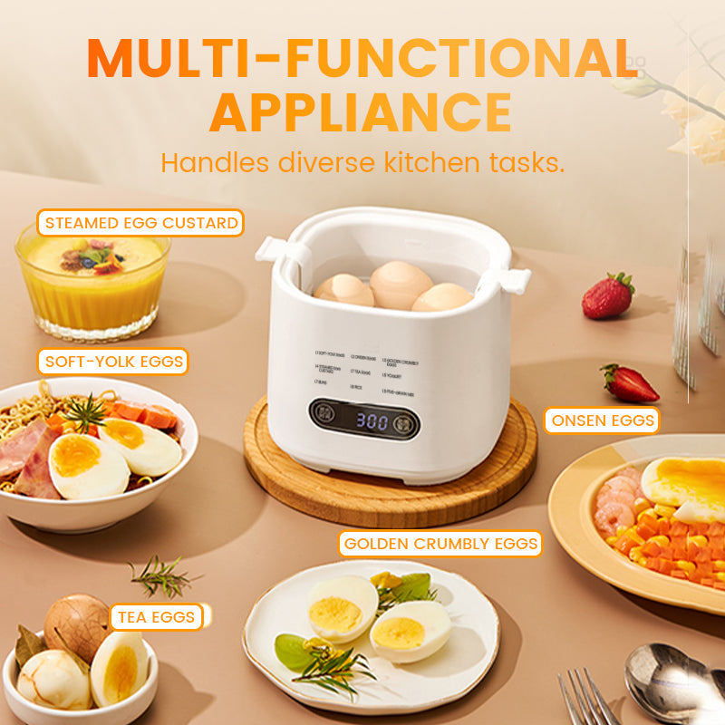 Mini Multi‑Functional Egg Cooker – Smart touch panel, 6‑egg capacity, boils, poaches, scrambles & steams. Perfect for quick breakfasts