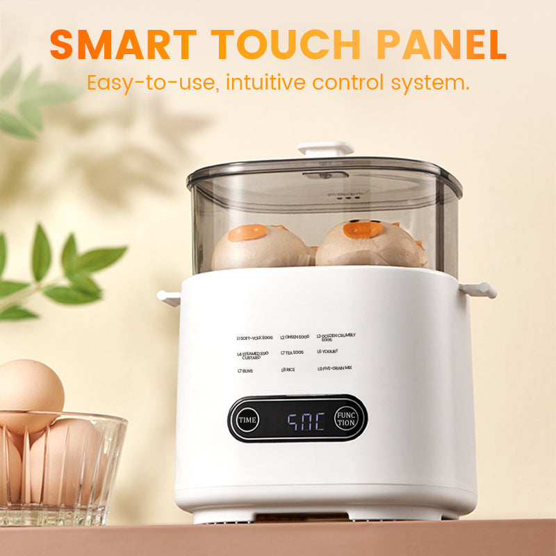Mini Multi‑Functional Egg Cooker – Smart touch panel, 6‑egg capacity, boils, poaches, scrambles & steams. Perfect for quick breakfasts