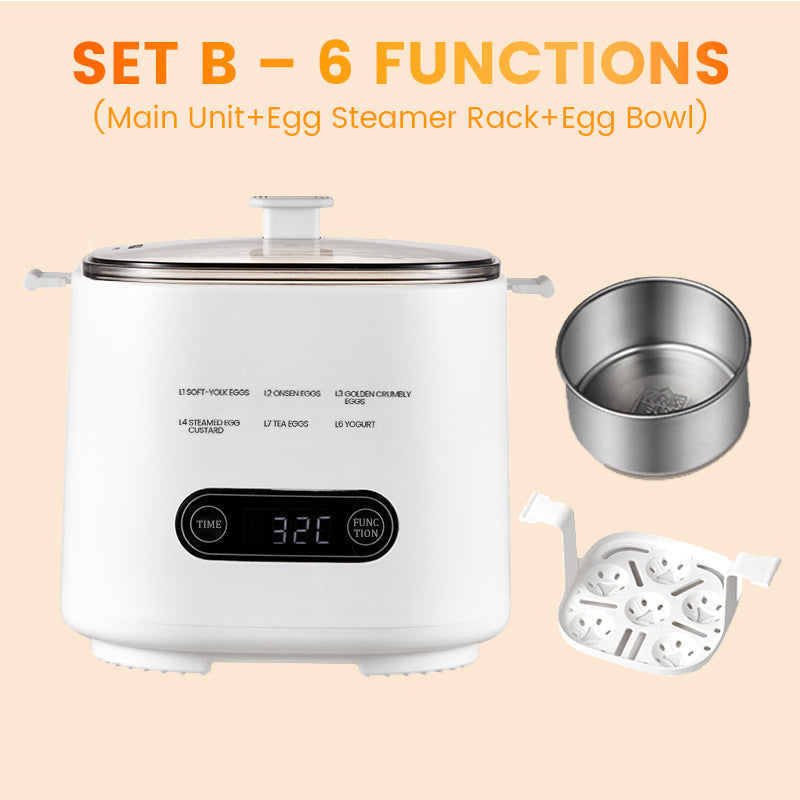 Mini Multi‑Functional Egg Cooker – Smart touch panel, 6‑egg capacity, boils, poaches, scrambles & steams. Perfect for quick breakfasts