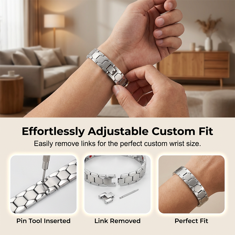 Men's Magnetic Soccer Bracelet: Hexagonal Design, Stainless Steel, Adjustable Links