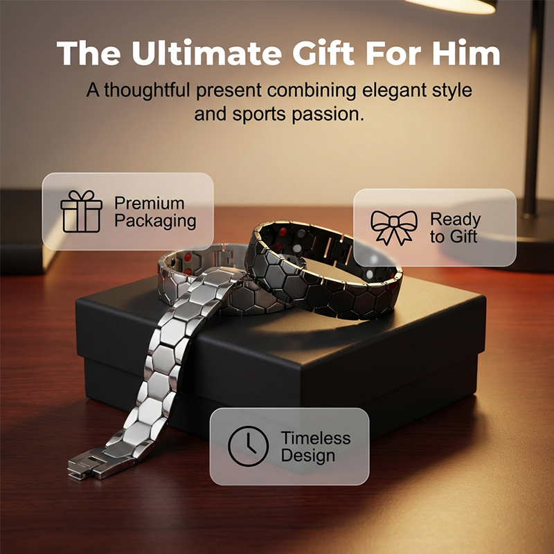 Men's Magnetic Soccer Bracelet: Hexagonal Design, Stainless Steel, Adjustable Links