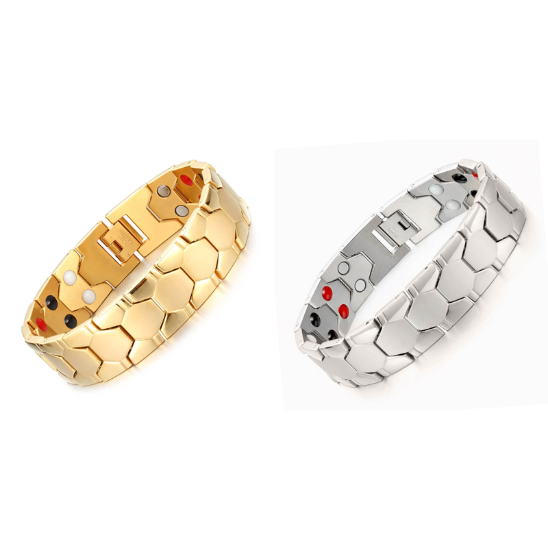 Men's Magnetic Soccer Bracelet: Hexagonal Design, Stainless Steel, Adjustable Links