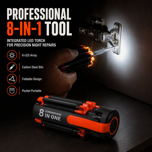 8-in-1 Folding Screwdriver – Built-In LED Work Light & Flashlight