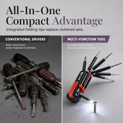 8-in-1 Folding Screwdriver – Built-In LED Work Light & Flashlight