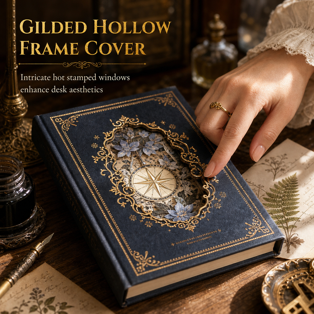 Vintage European Style Hardcover Journal Notebook with Hollow Out Cover Gold Foil Accents and Color Illustrated Pages