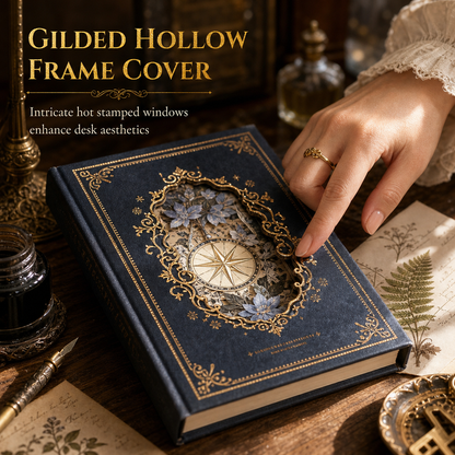 Vintage European Style Hardcover Journal Notebook with Hollow Out Cover Gold Foil Accents and Color Illustrated Pages