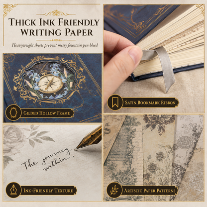 Vintage European Style Hardcover Journal Notebook with Hollow Out Cover Gold Foil Accents and Color Illustrated Pages