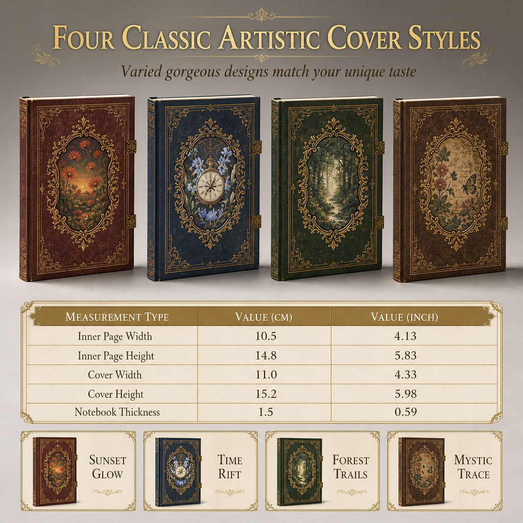 Vintage European Style Hardcover Journal Notebook with Hollow Out Cover Gold Foil Accents and Color Illustrated Pages