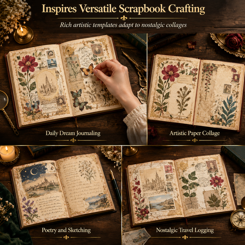 Vintage European Style Hardcover Journal Notebook with Hollow Out Cover Gold Foil Accents and Color Illustrated Pages