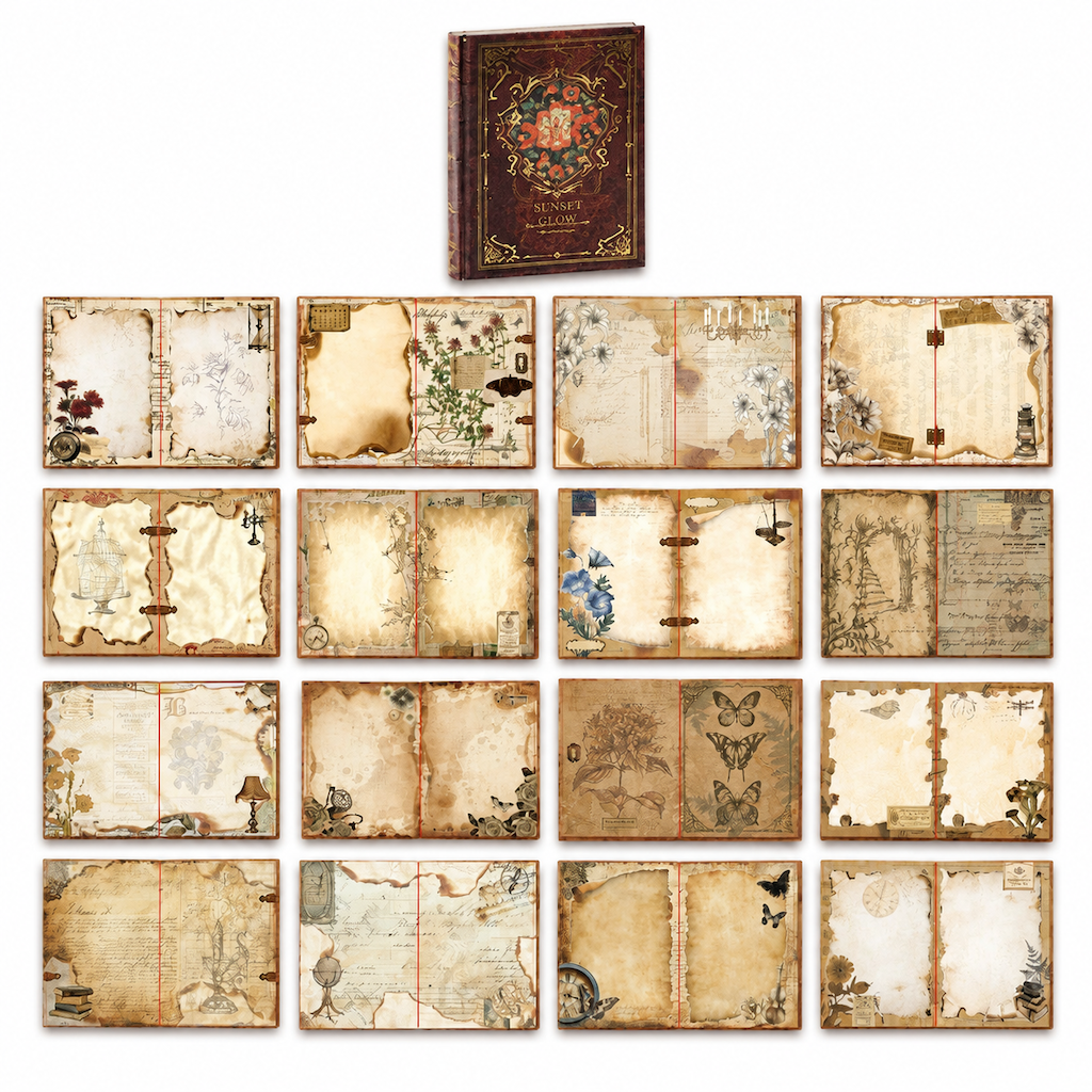 Vintage European Style Hardcover Journal Notebook with Hollow Out Cover Gold Foil Accents and Color Illustrated Pages