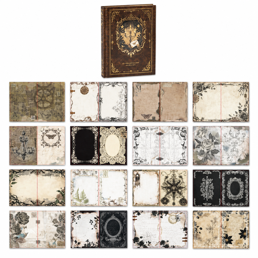 Vintage European Style Hardcover Journal Notebook with Hollow Out Cover Gold Foil Accents and Color Illustrated Pages