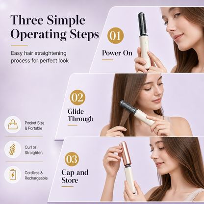 Portable Cordless Mini Hair Straightener Brush USB Rechargeable Electric Heated Styling Comb for Bangs and Curling